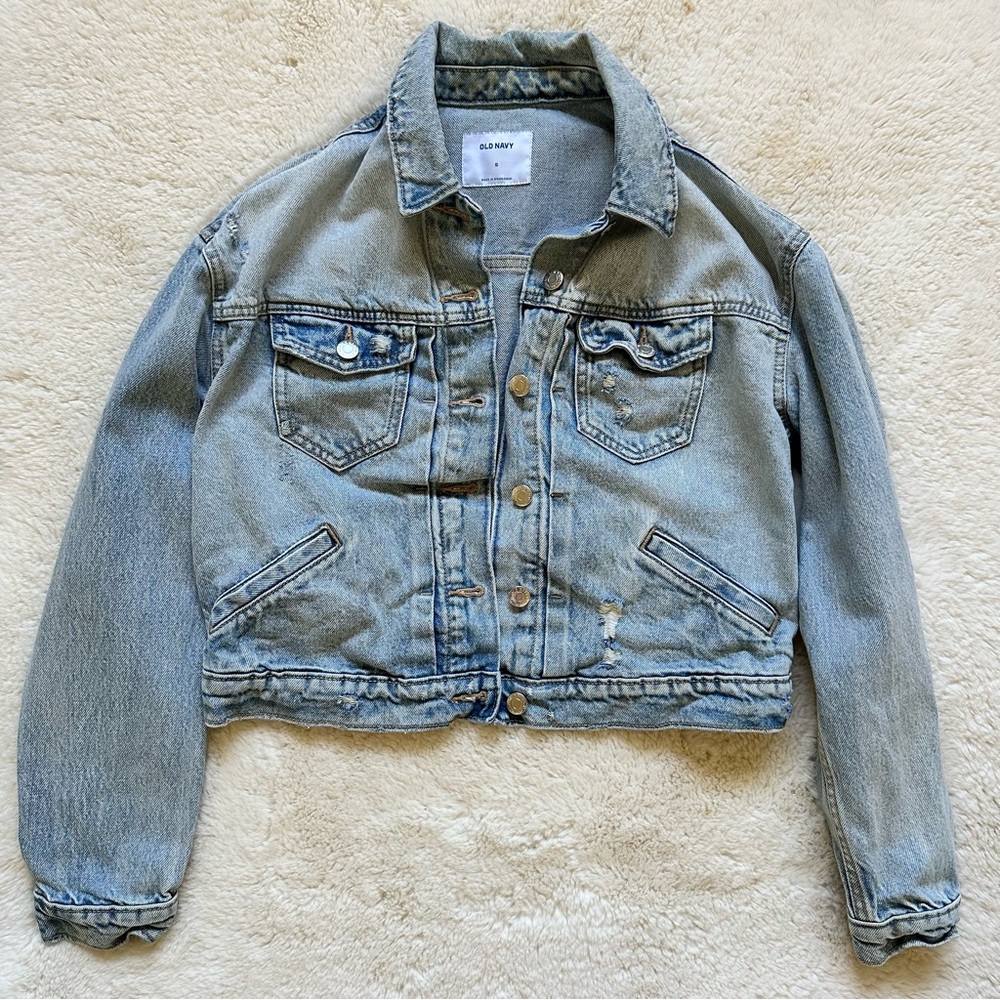 Old Navy Light Blue Button Collared Denim Jacket Women's S Short Distressed